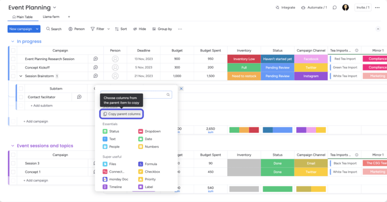 monday.com event planning board with subitems, multiple columns for budget and status, and a column picker popup for adding fields