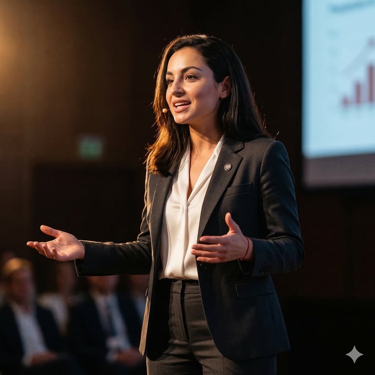 Gemini image result of a woman on formal attire as a guest speaker.