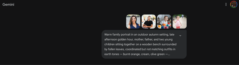 Gemini prompt for family portrait for holiday cards and keepsakes.