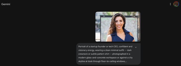 Gemini prompt for a founder/startup CEO portrait for press and pitch decks.