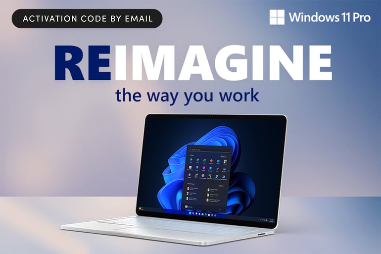 Windows 11 Pro promotional graphic featuring a laptop with the slogan "REIMAGINE the way you work" and "Activation Code by Email."