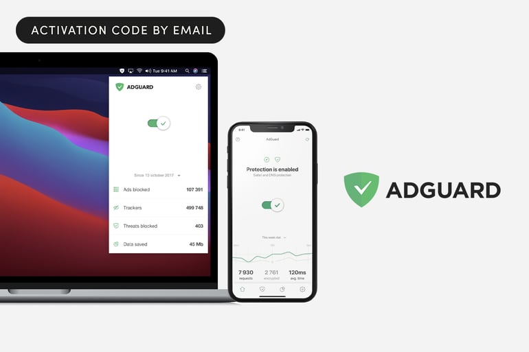 AdGuard software interface on a laptop and smartphone with "Activation Code by Email" promotional text.