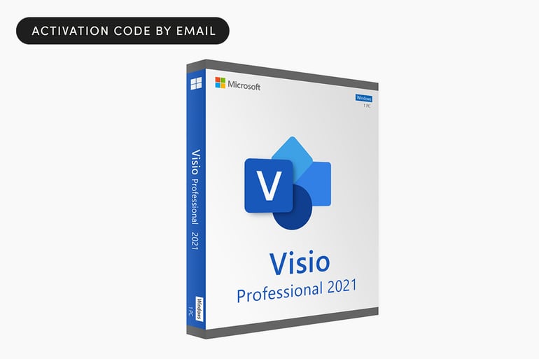 Microsoft Visio Professional 2021 software box with "Activation Code by Email" digital delivery banner.