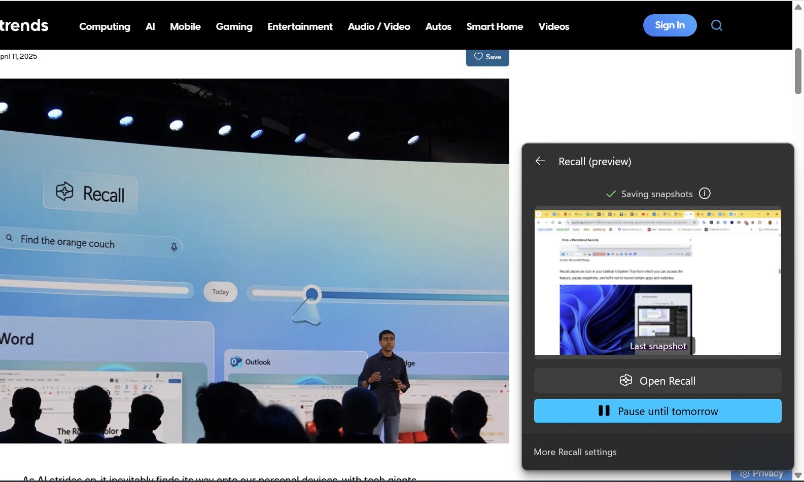 Taskbar view of Windows 11 Recall.