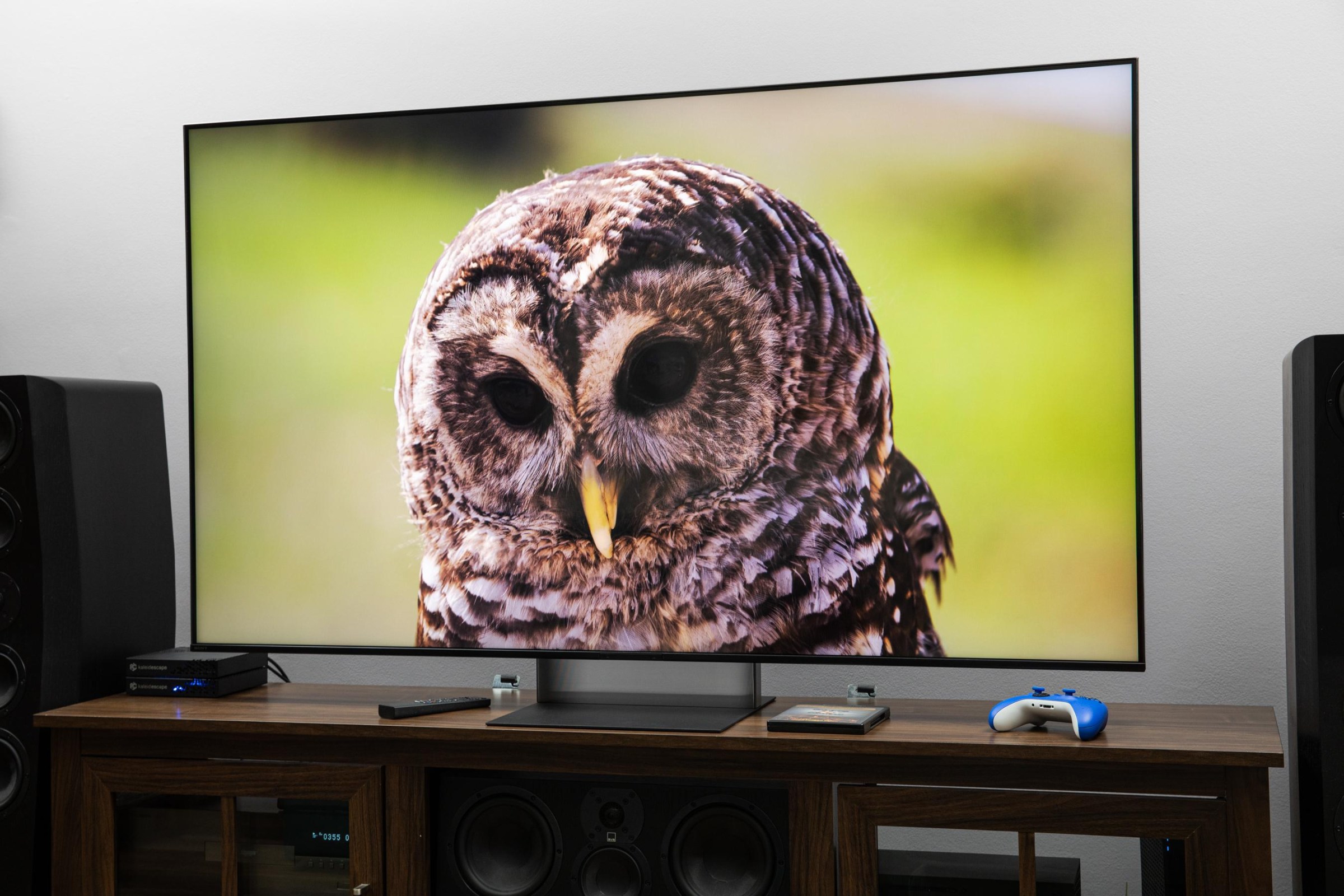 The Sony Bravia 7 II RGB LED TV on a dark wooden credenza displaying an image of an owl.