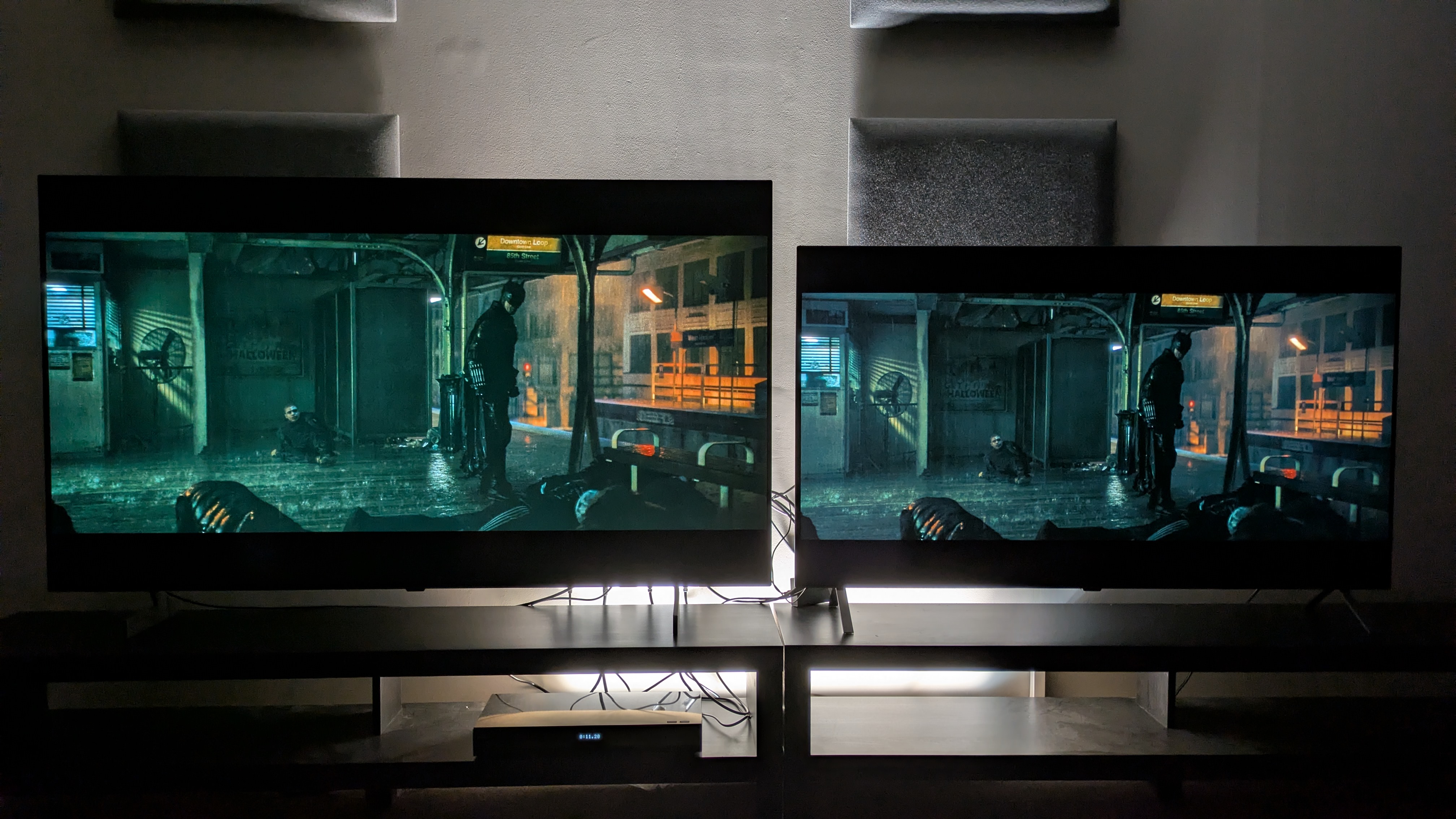 The LG B6 (left) and LG B5 (right) showing The Batman on screen. 