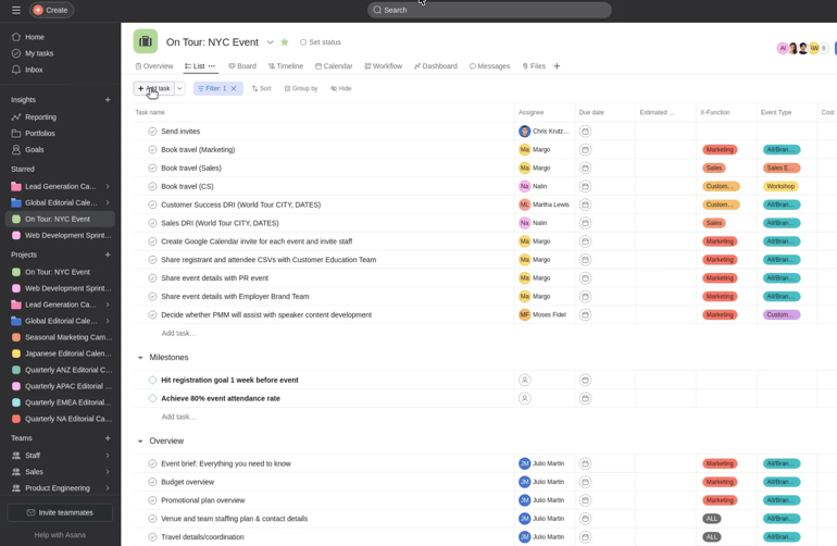 Asana project task list with assignees, due dates, milestones, and custom fields for planning and tracking.