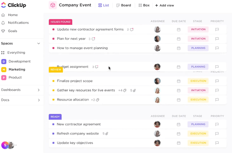 ClickUp project management dashboard showing categorized task lists, assignees, due dates, priorities, and project stages for government-style workflow tracking.