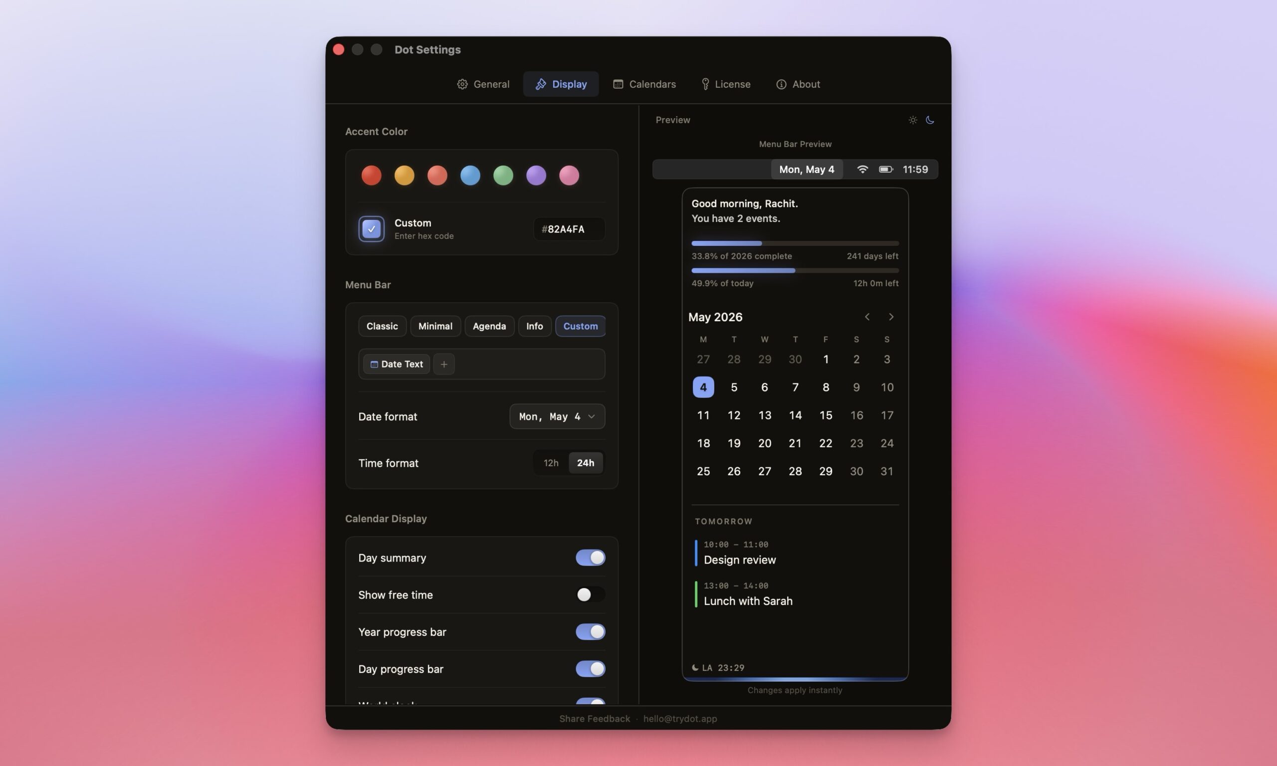 Dot calendar app customization option
