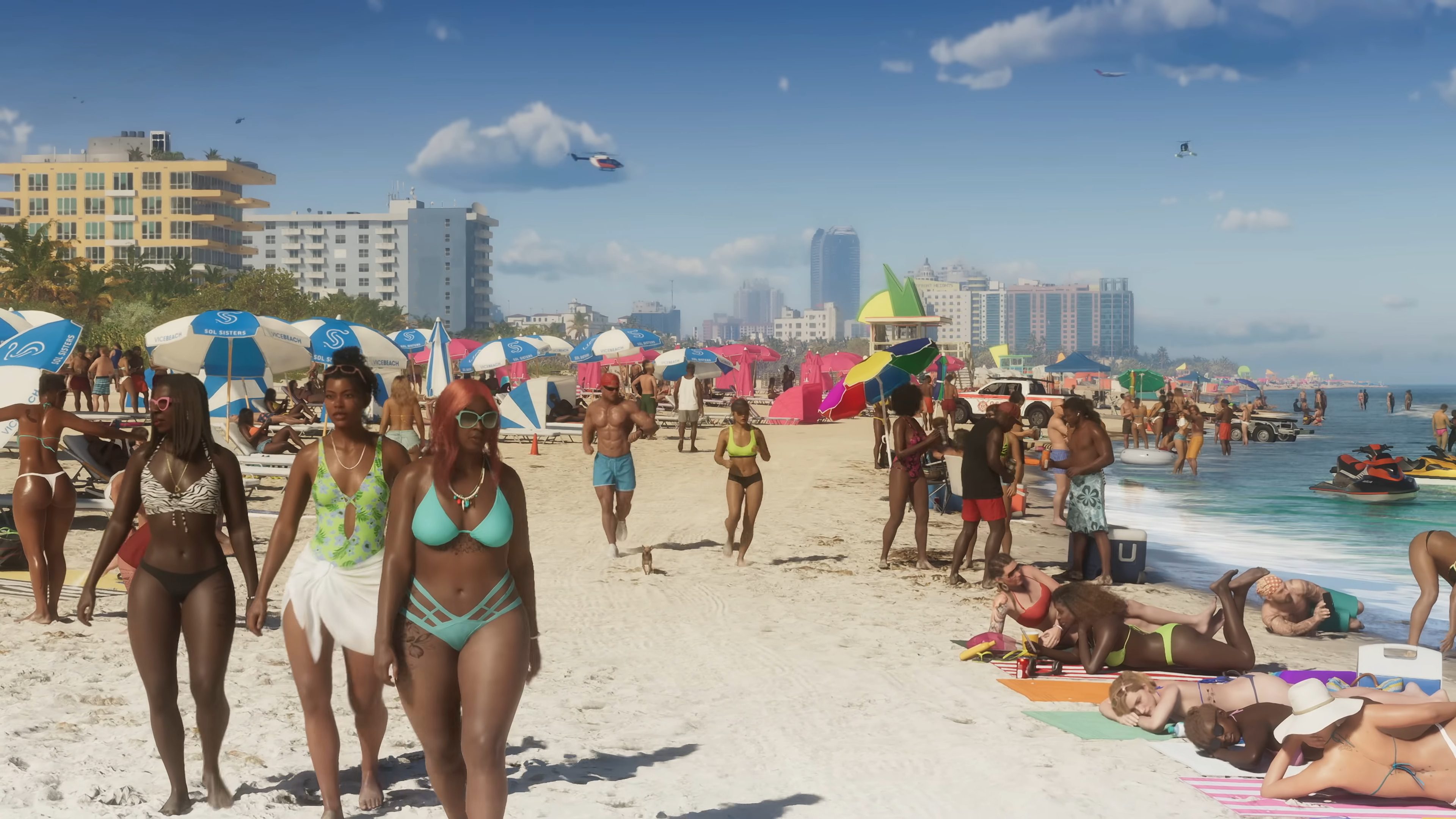 A crowded Vice City beach.