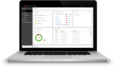 Laptop screen with the Informatica dashboard and data visualizations.