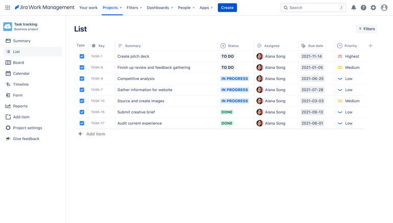 Jira task list view displaying issues with status, assignee, due date, and priority for workflow tracking