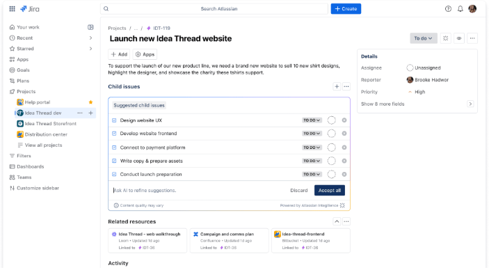 Jira project page displaying a website launch task with suggested child issues, assignee details, priority settings, and linked project resources.