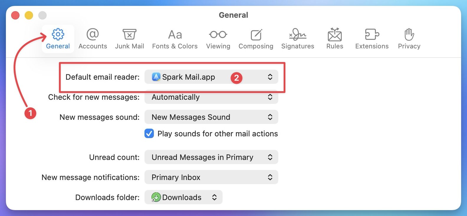 Mail app general settings page screenshot