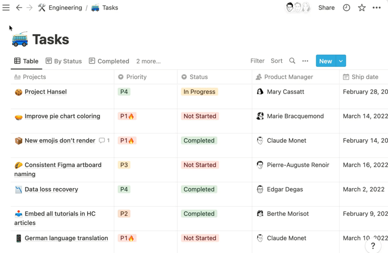 Notion task database showing projects, priorities, statuses, assignees, and due dates in a connected workspace.