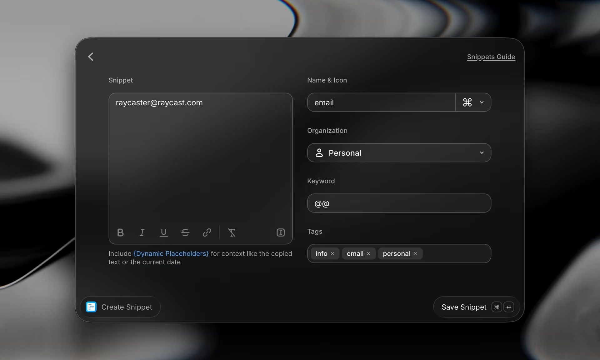Raycast 2.0 snippet tagging feature