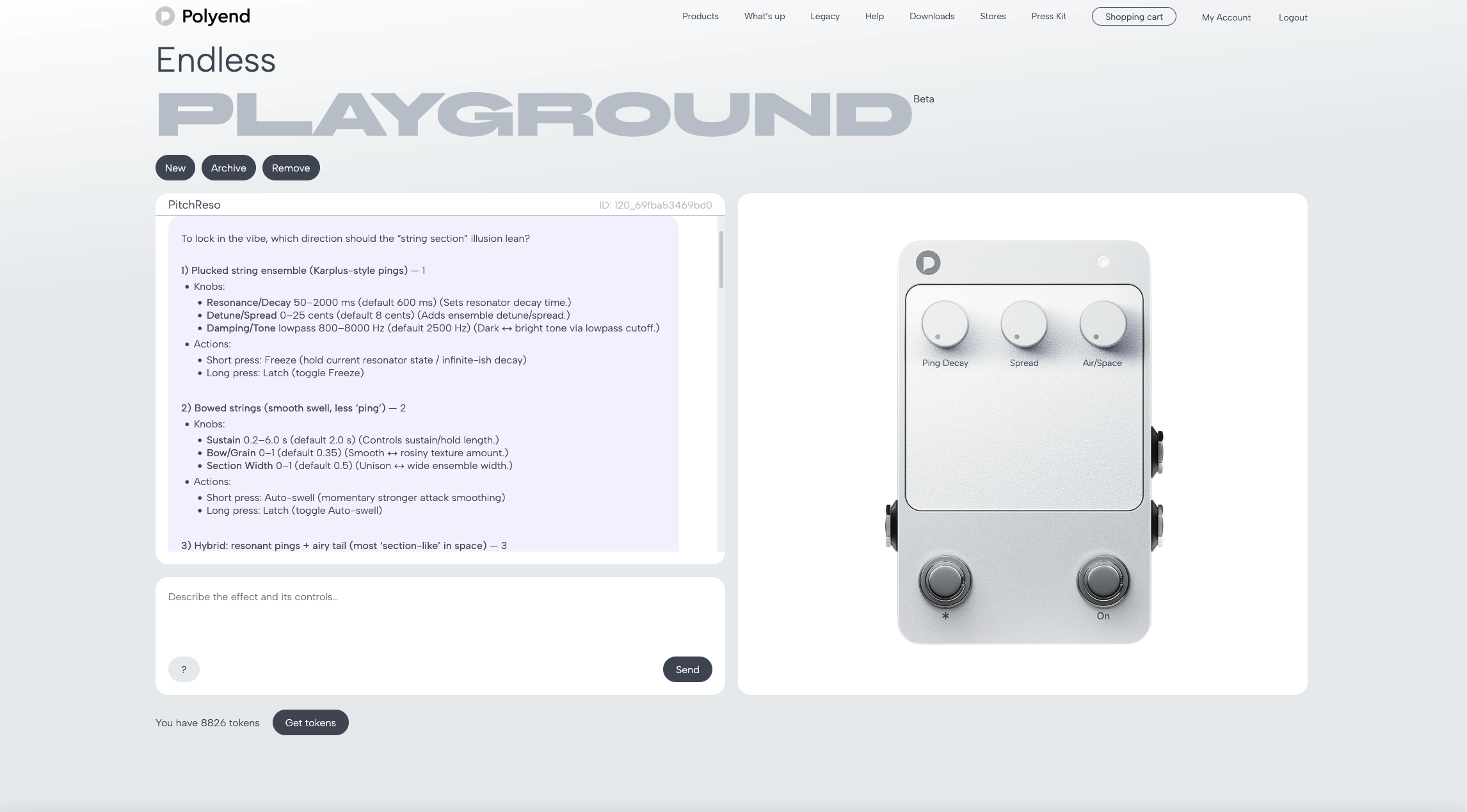 Polyend’s Endless Playground showing options for turning a text prompt into a guitar effect.