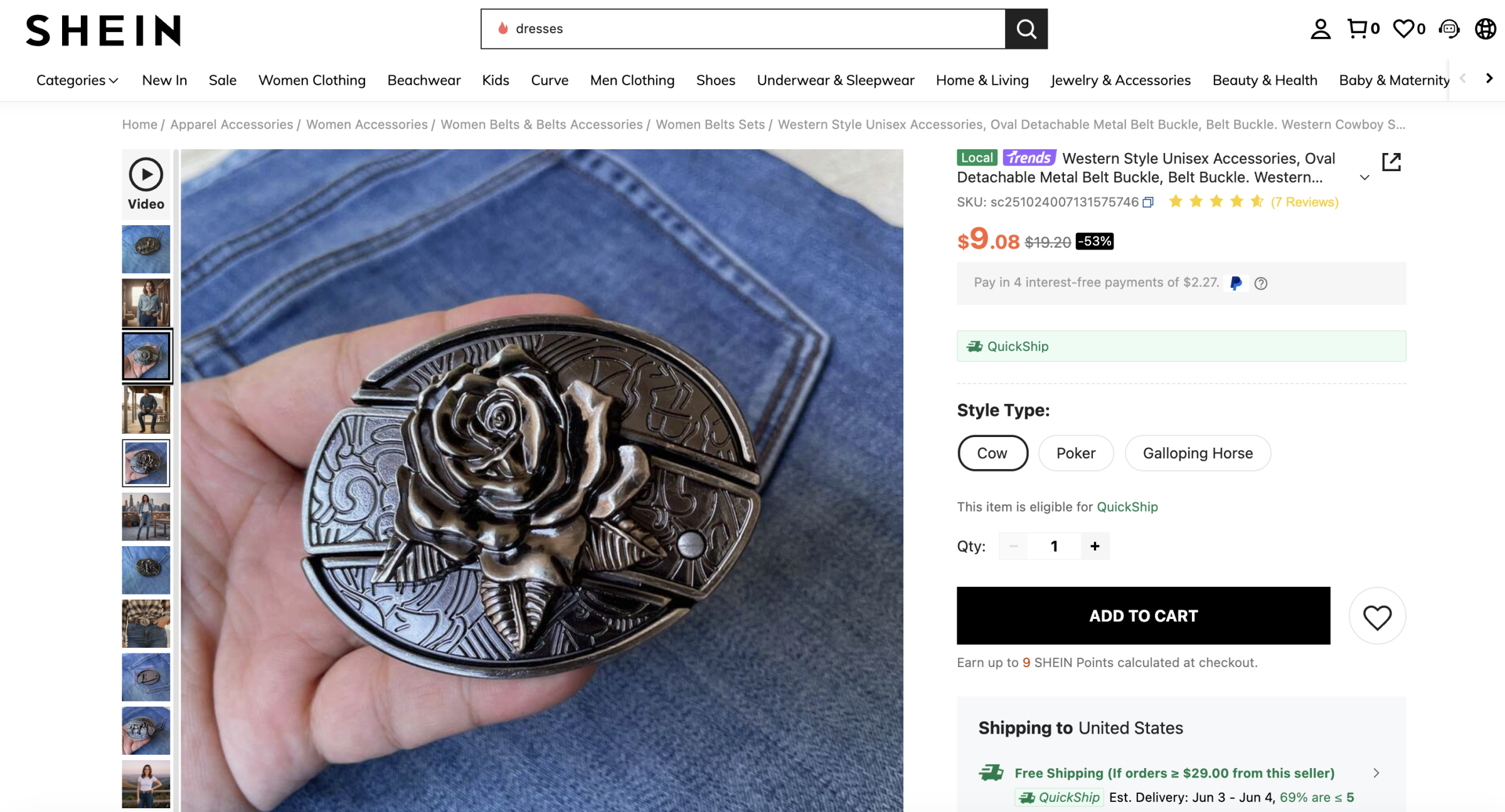 A screenshot of Shein selling a rose blade belt buckle for $9.08