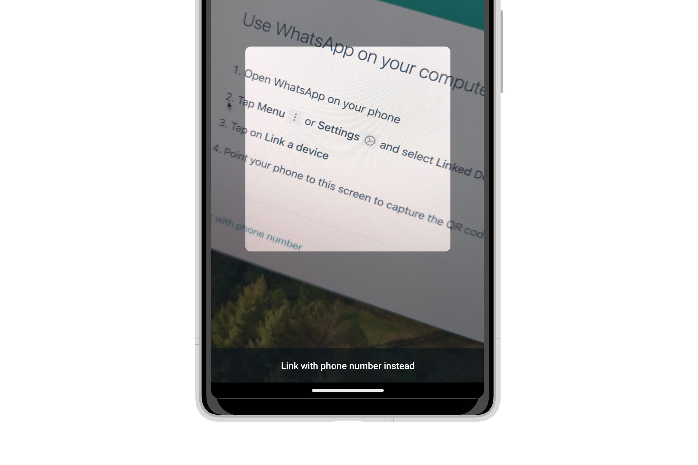 WhatsApp on Android showing option to link with a phone number instead of a QR code.