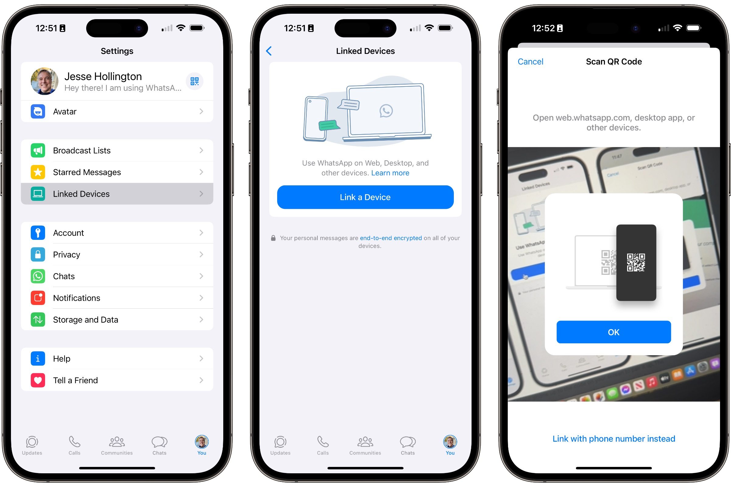 Three iPhones showing steps to link WhatsApp Web from an iPhone by scanning a QR code.