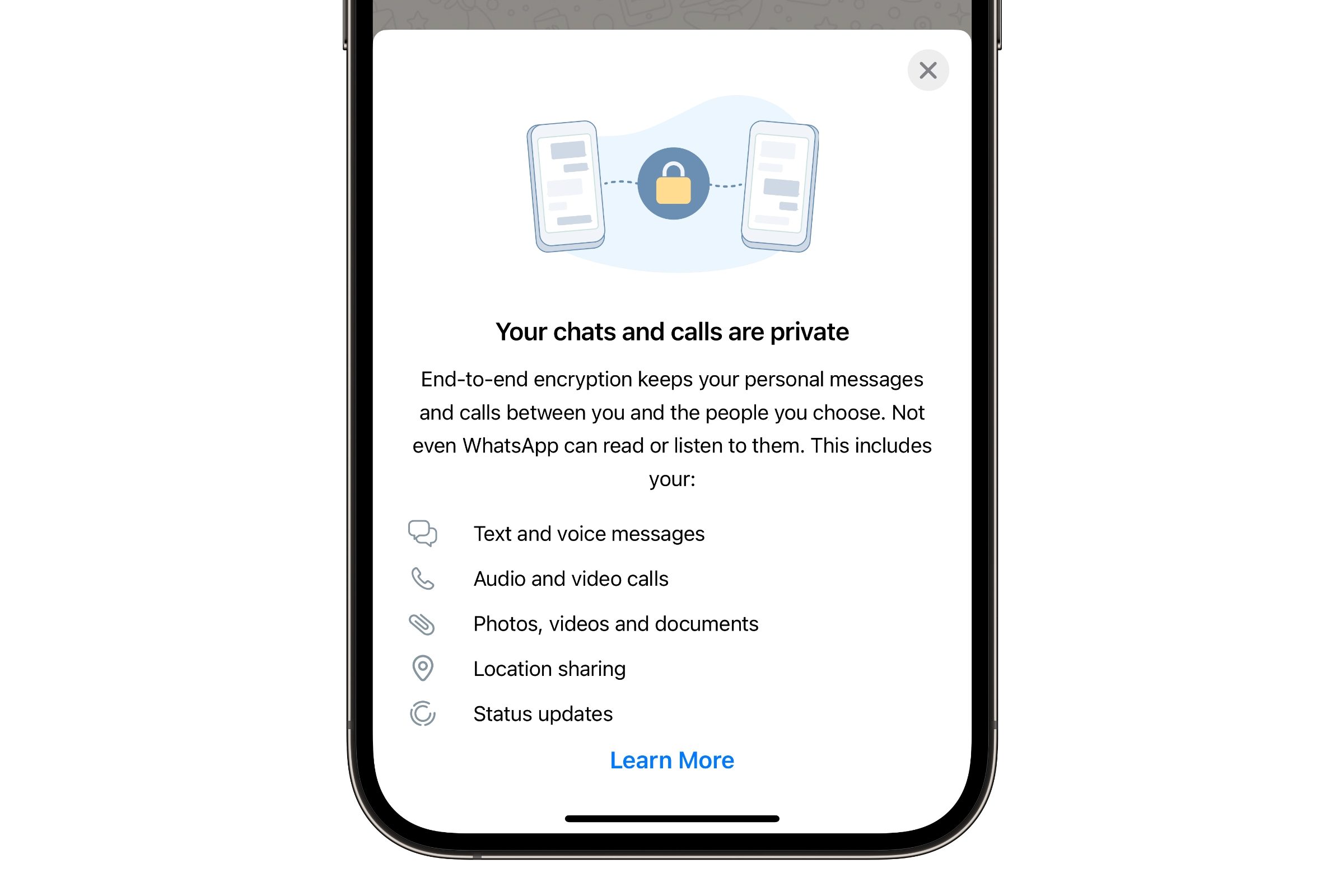 iPhone showing WhatsApp's about encryption screen.