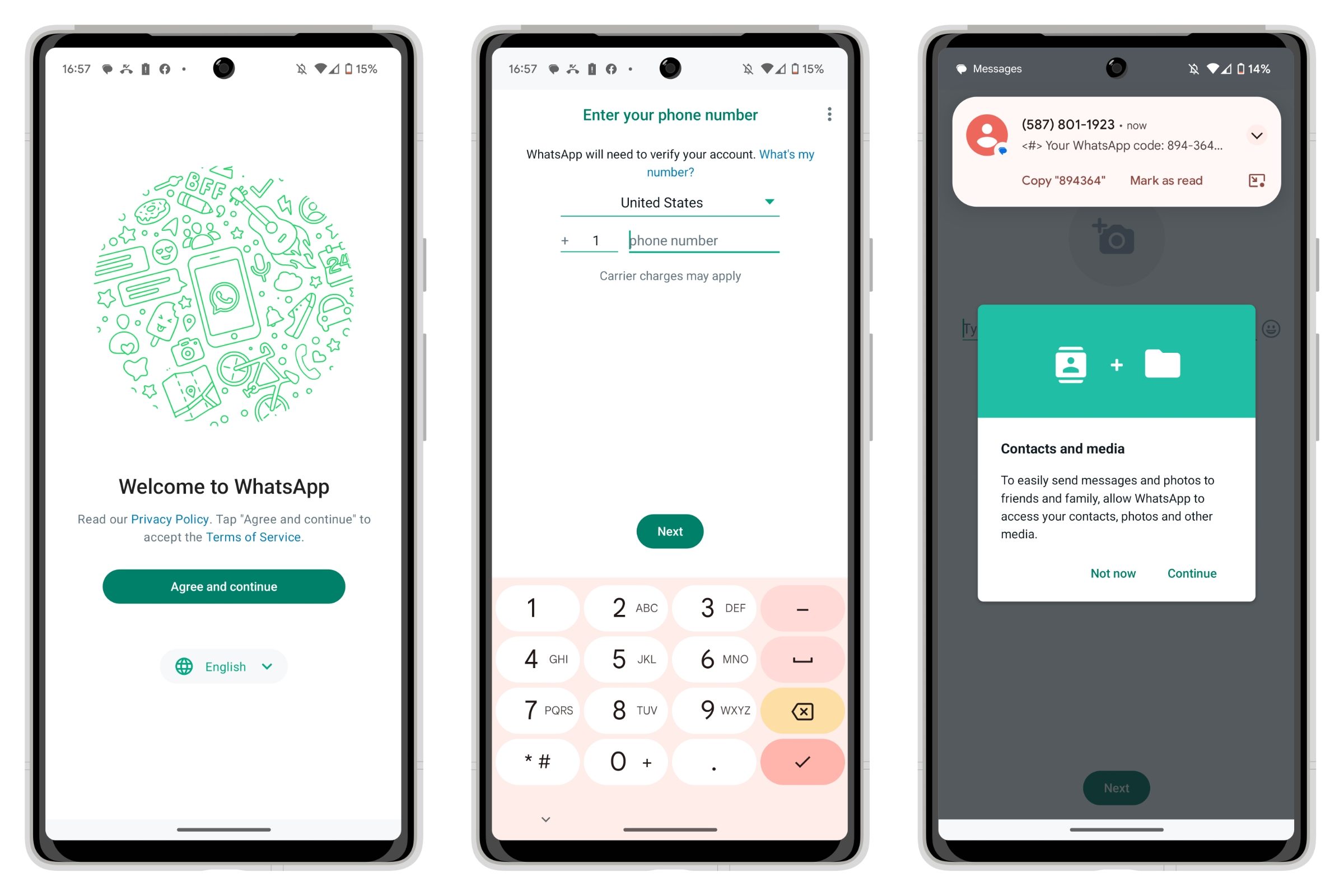 Three Android phone showing WhatsApp setup screens.