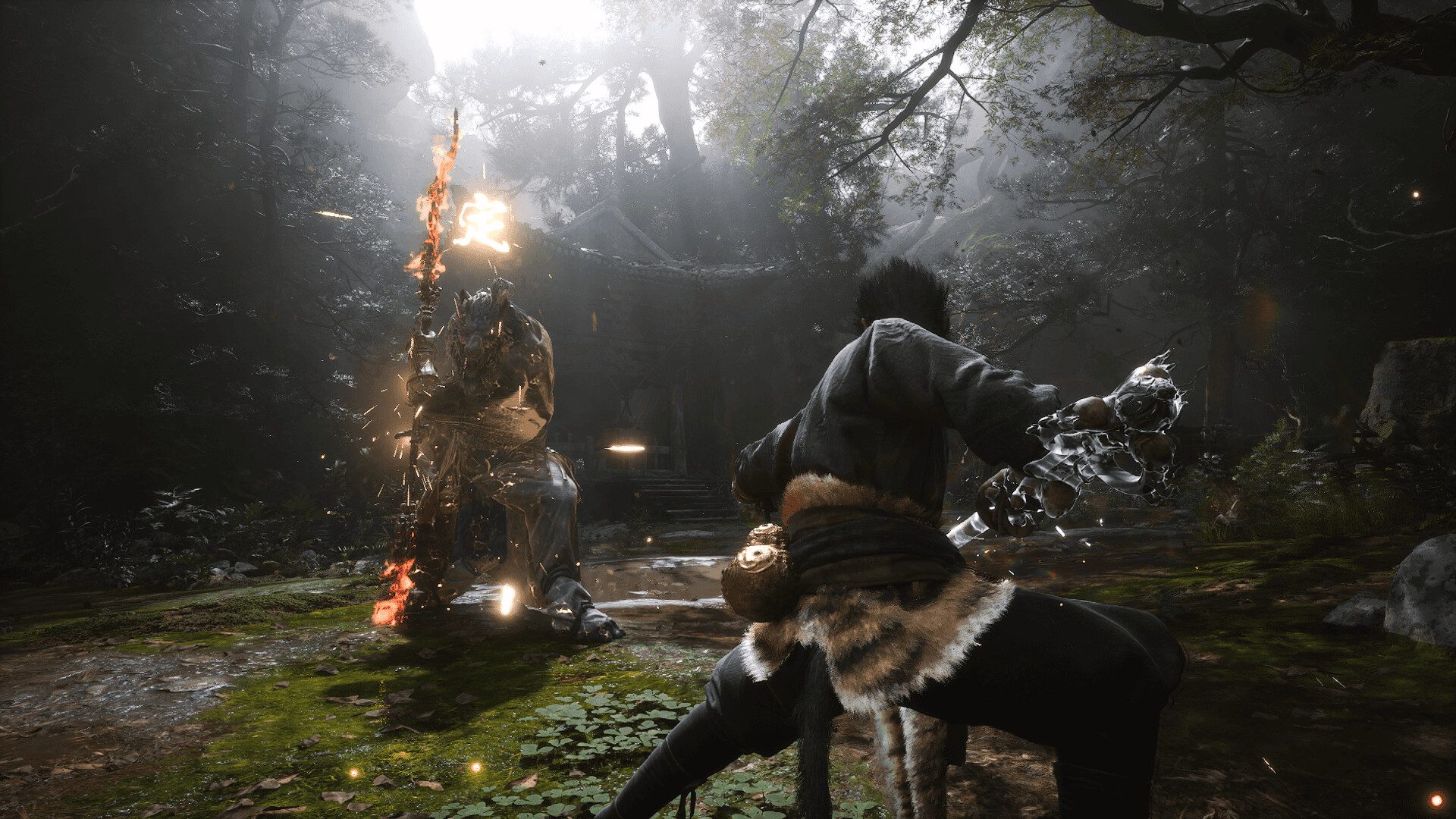 Black Myth: Wukong's protagonist the Destined One leaning into his sword ready to fight an enemy with a giant flaming spear.