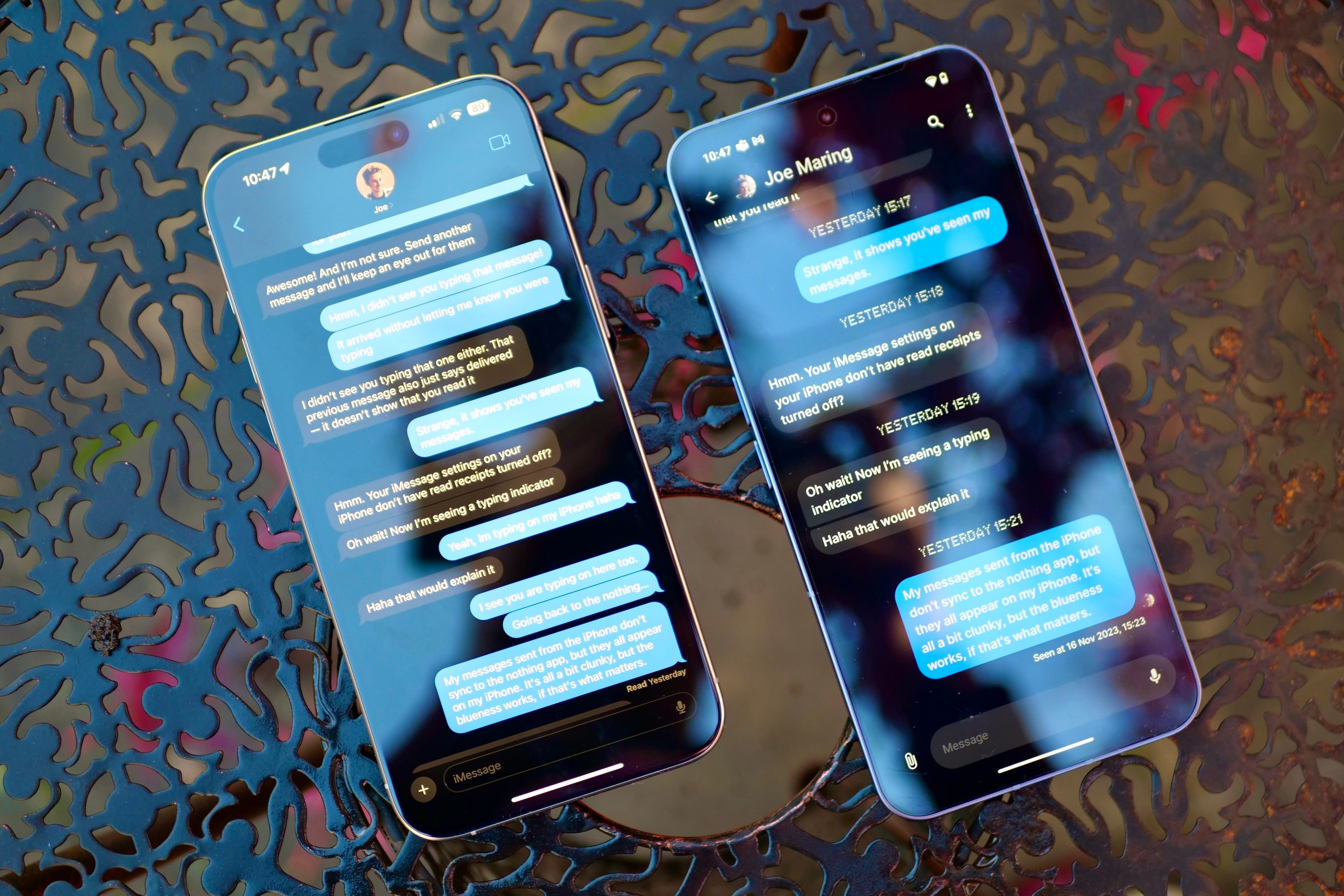 Nothing Chats on a Nothing Phone 2 compared with iMessage on an iPhone 15 Pro Max.