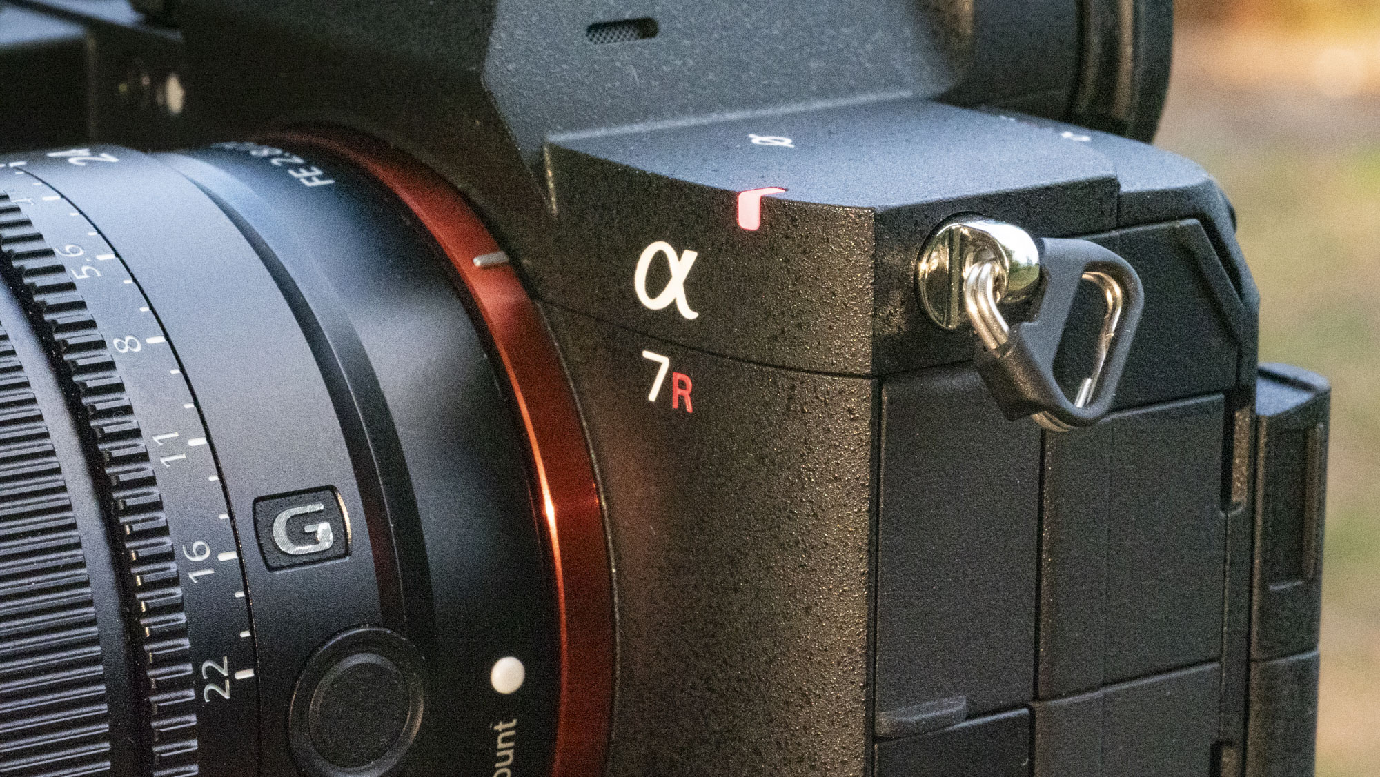 Closeup of the Sony A7R VI camera's tally lamp