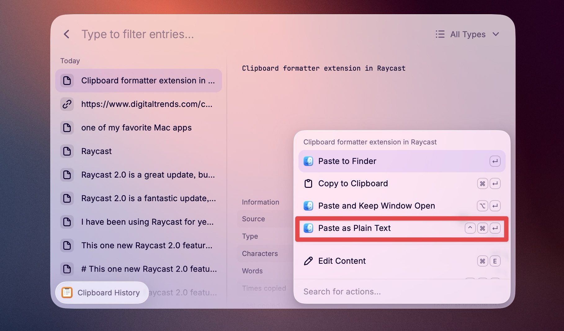 raycast keyboard shortcut to paste as plain text