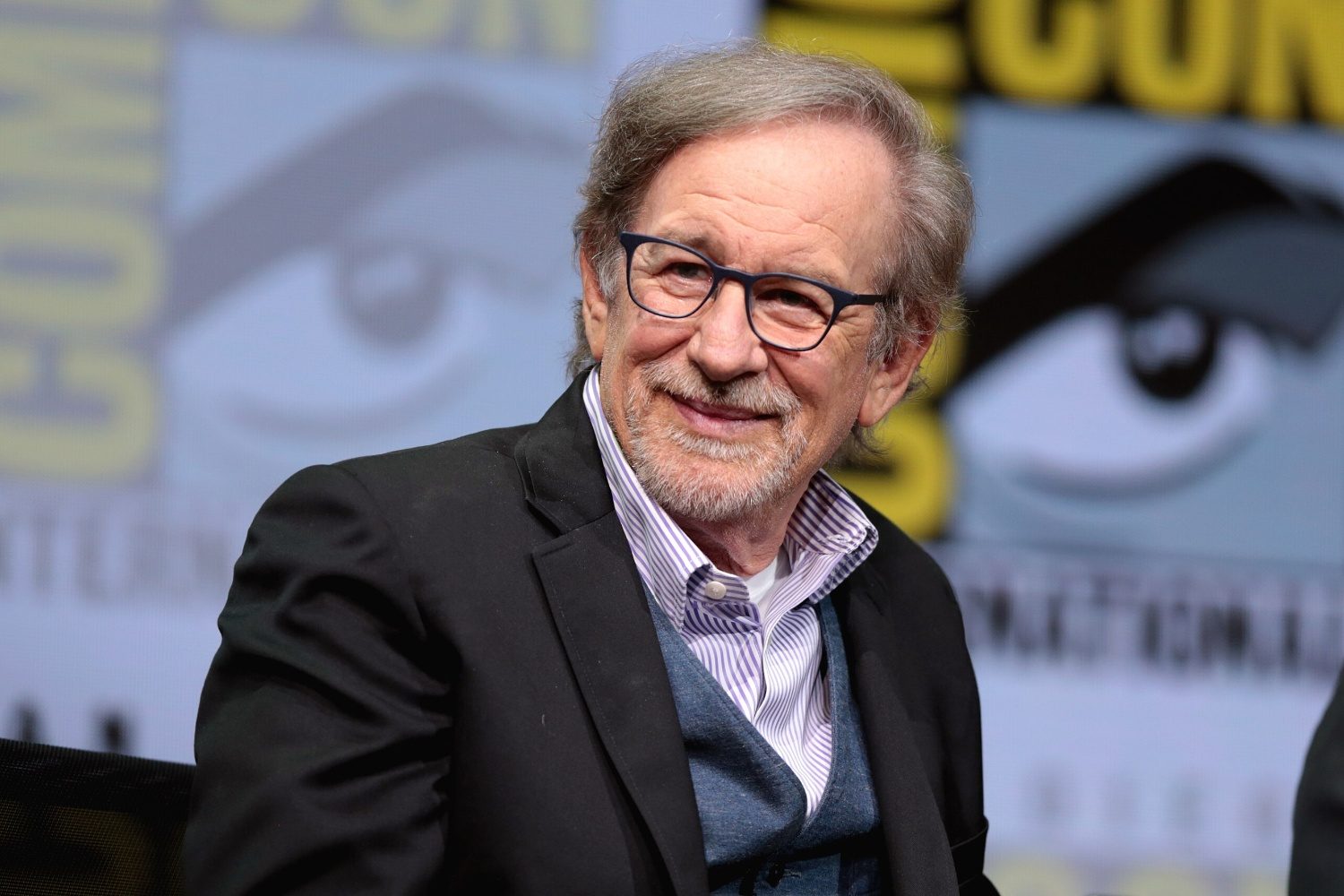 Steven Spielberg poses on a panel.