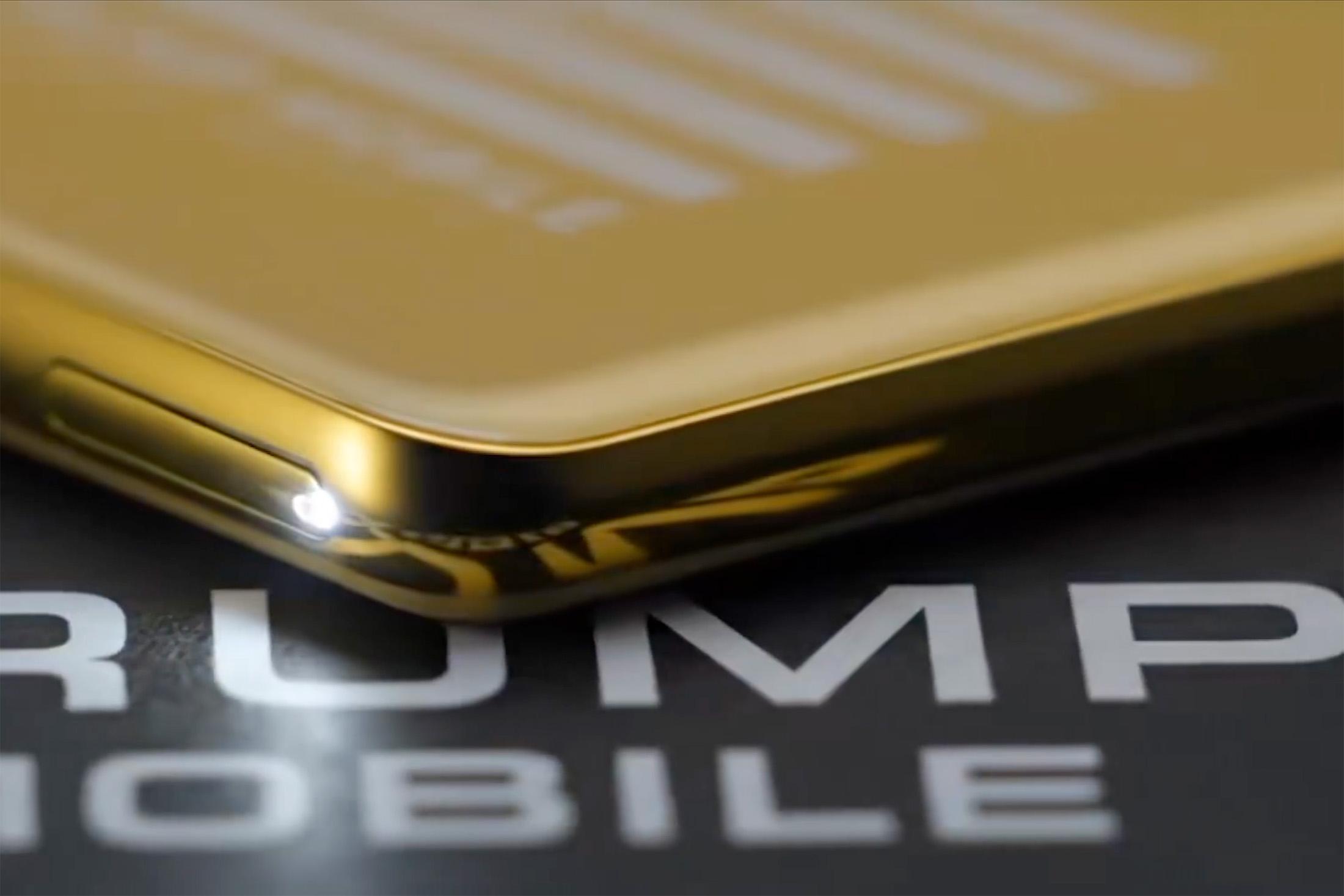 A still from Trump Mobile’s promotional video showing the T1 Phone with only nine stripes on the US flag.