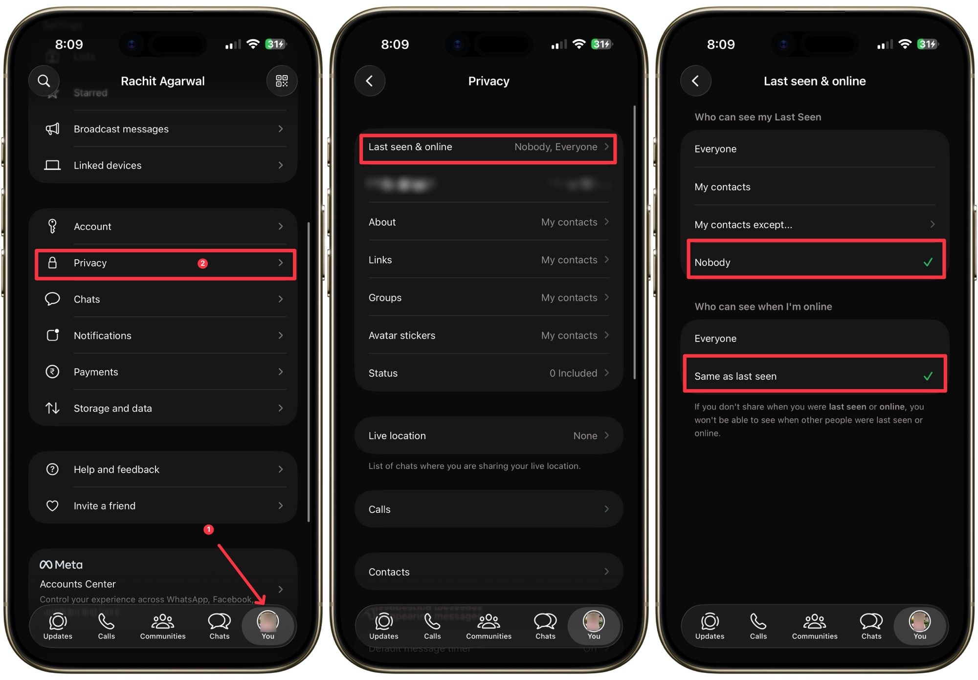 turning off last seen online in WhatsApp