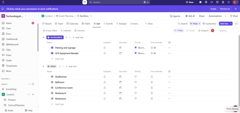 ClickUp task list view for event planning showing grouped tasks with statuses, priorities, due dates, and time estimates.