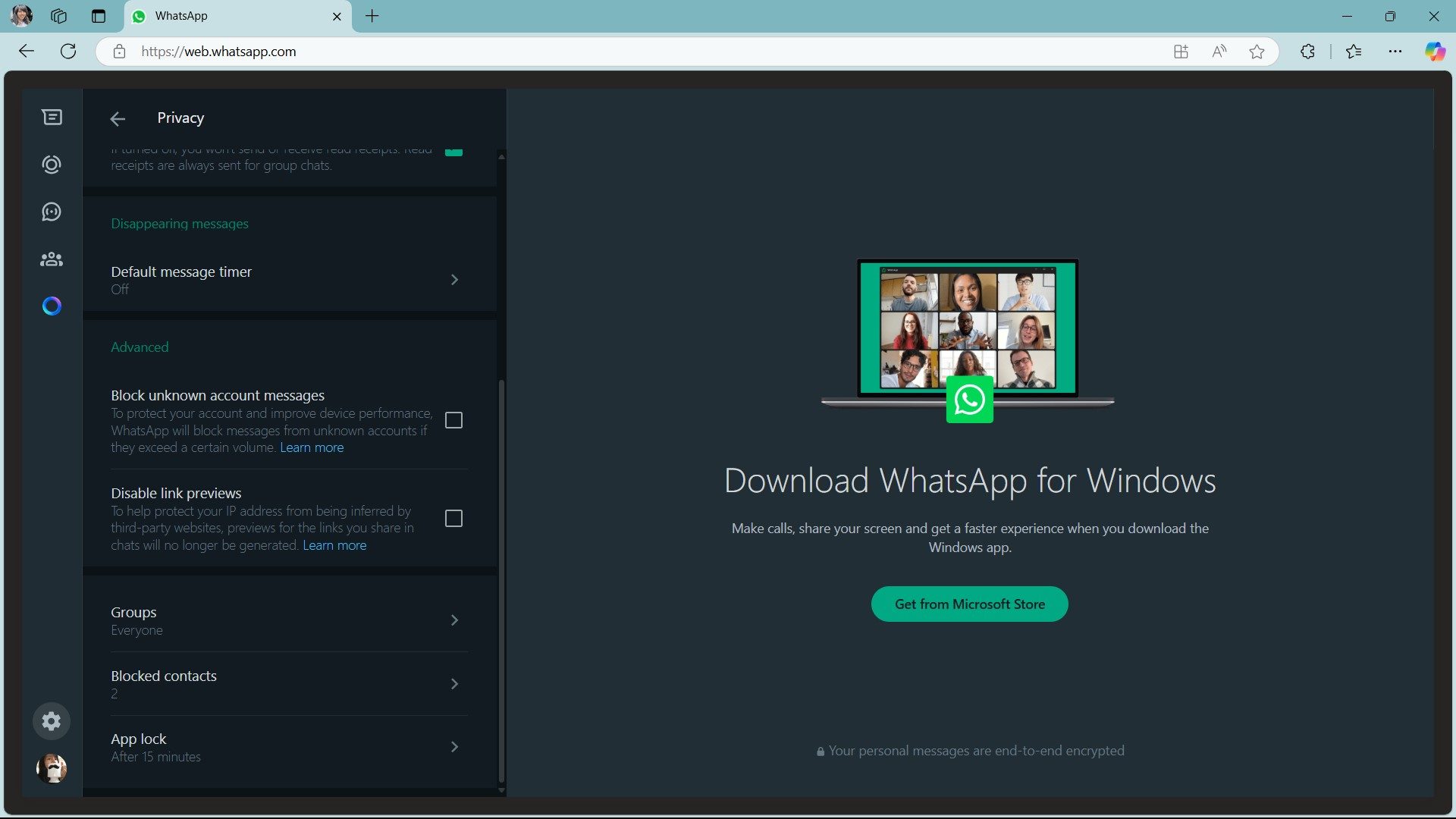 WhatsApp Web app lock privacy setting