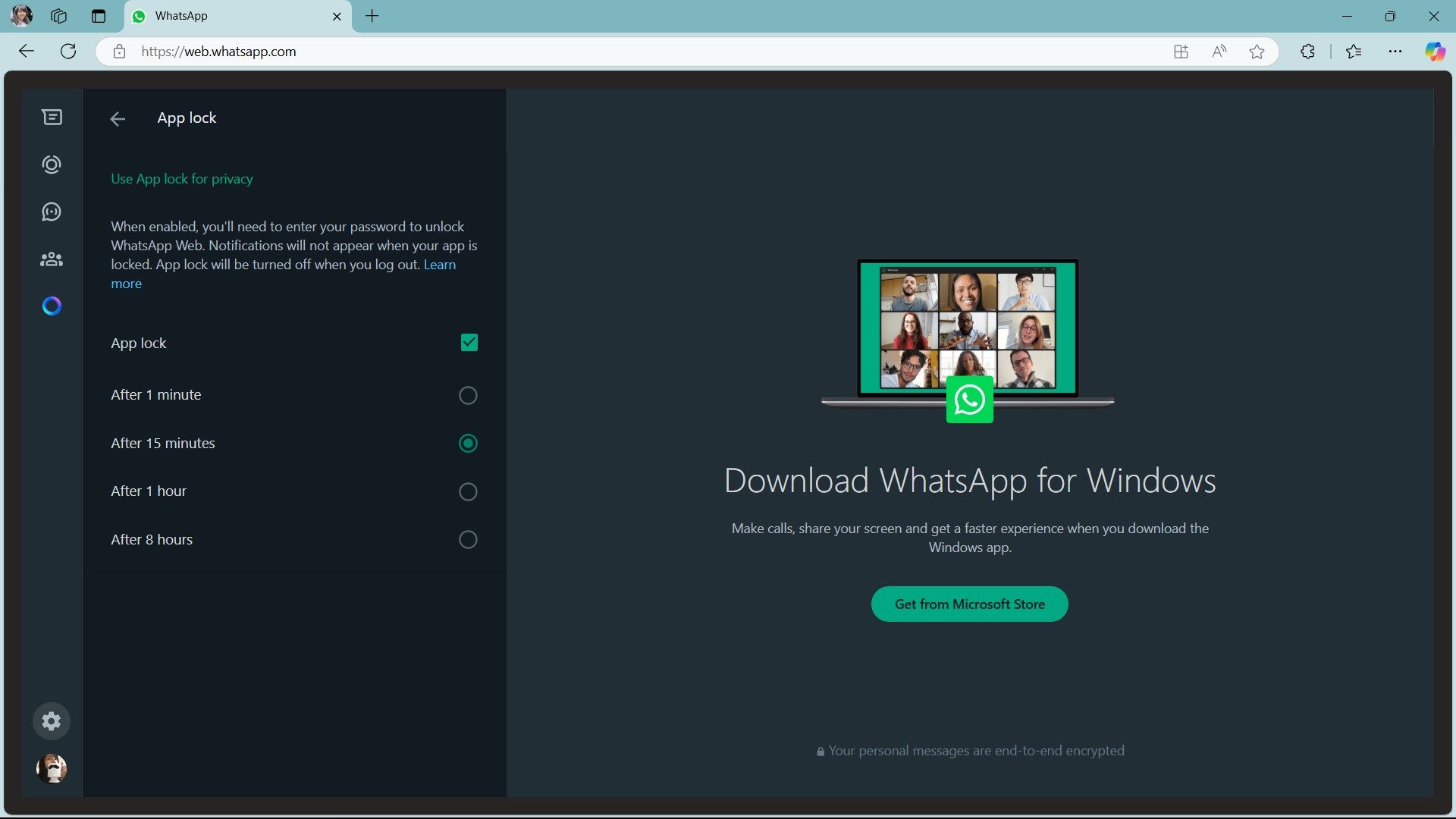 WhatsApp Web App lock time options in privacy settings