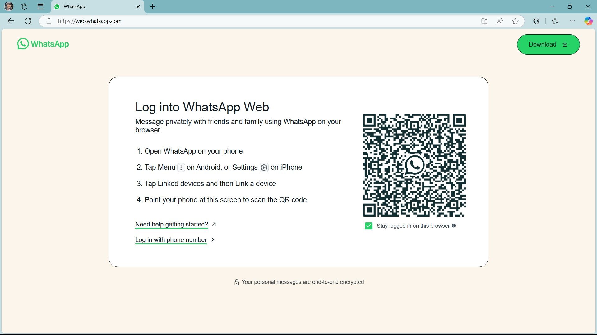 WhatsApp Web 2024 login screen QR code on Microsoft Edge