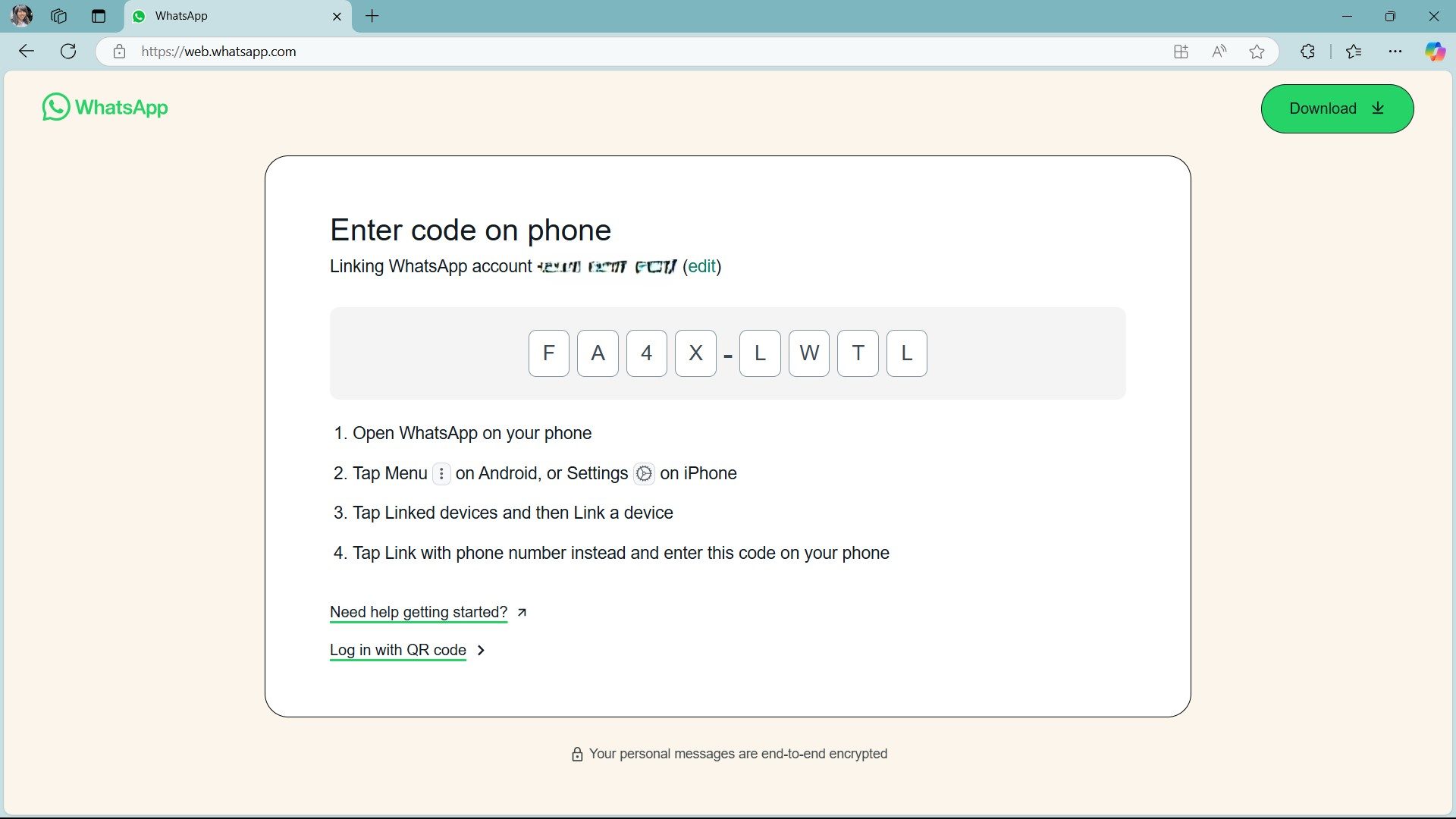 WhatsApp Web phone code to link device on Microsoft Edge