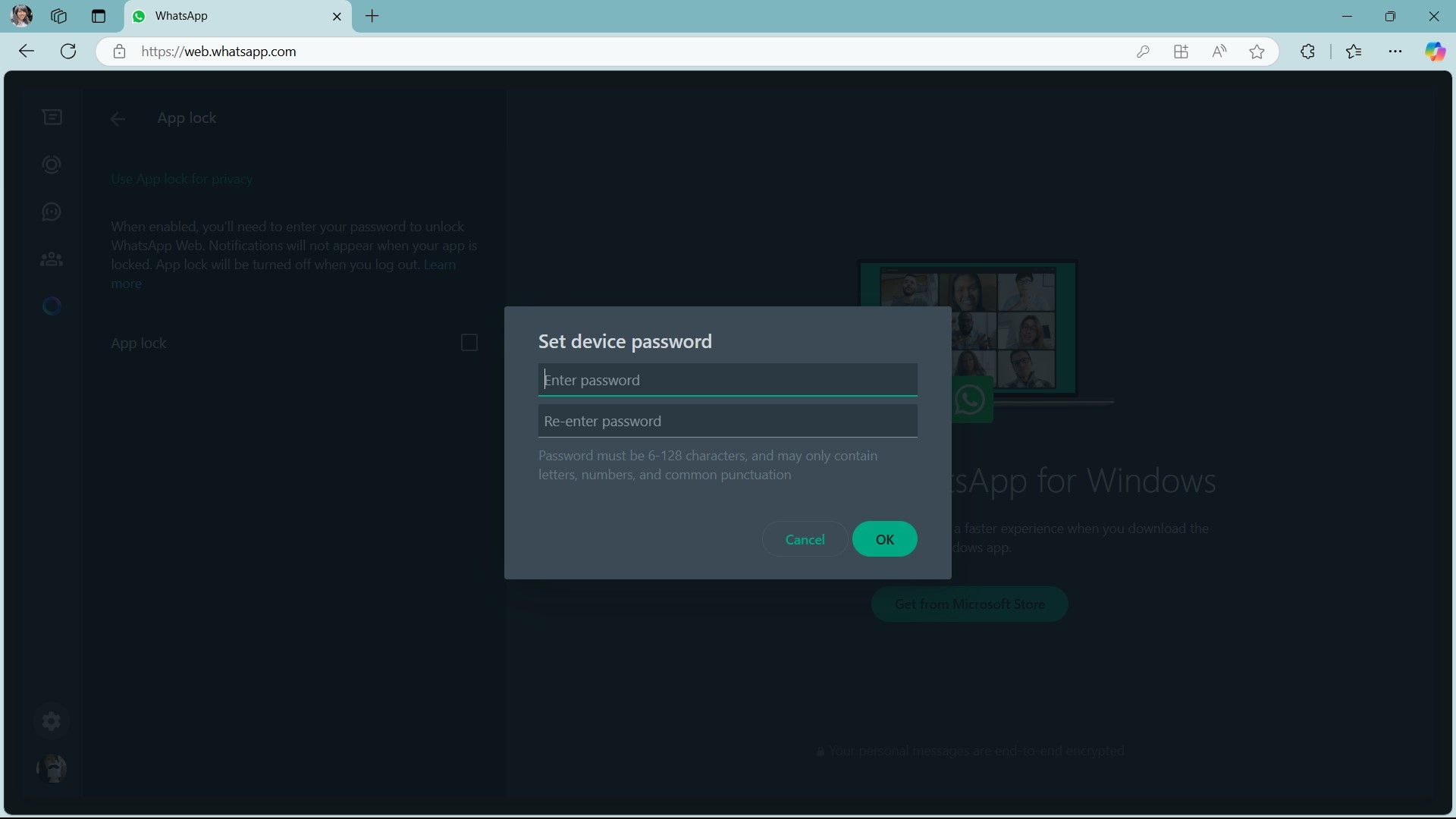 WhatsApp web set password prompt for app lock