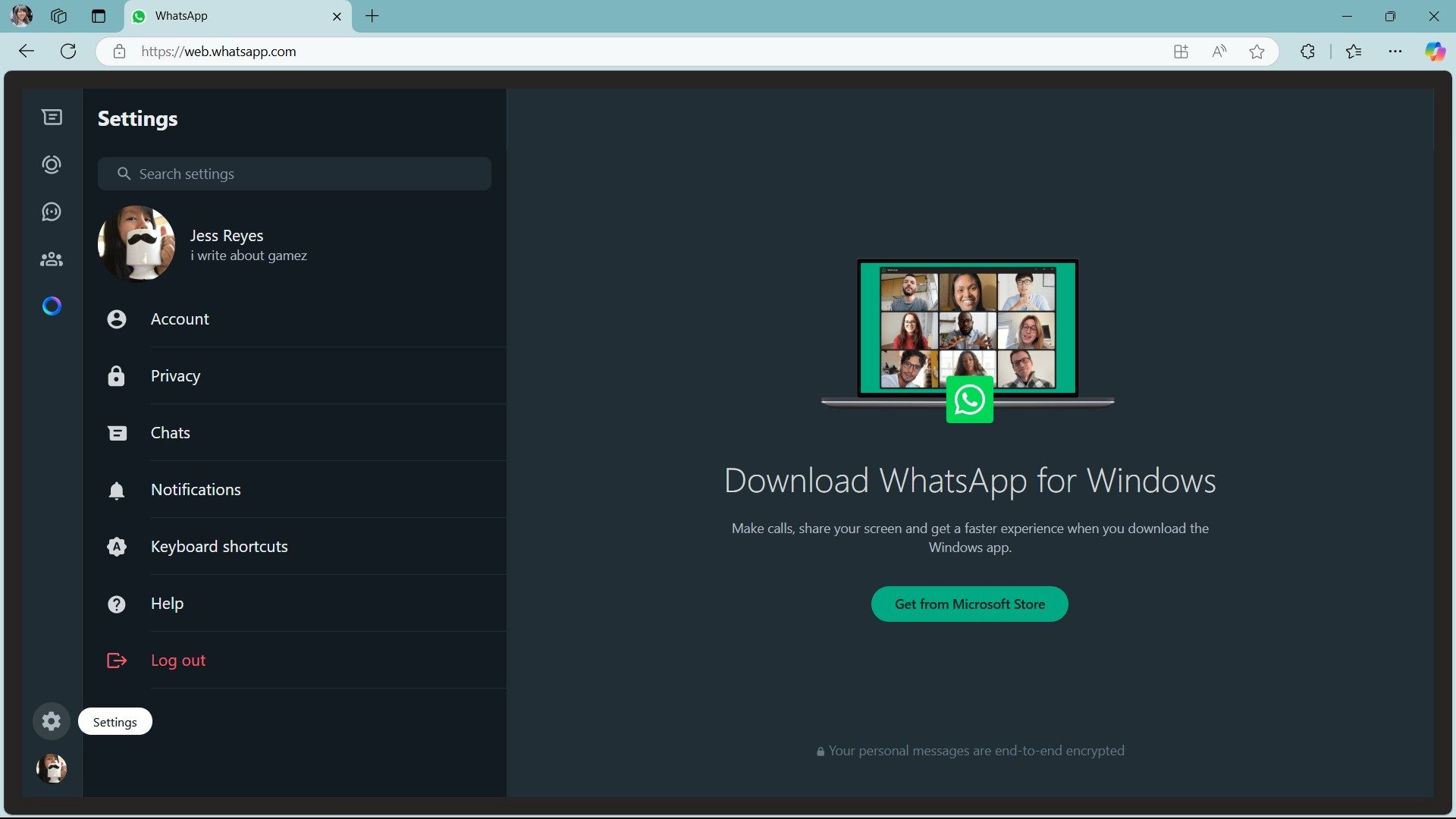 WhatsApp Web settings label next to gear icon