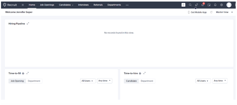 Hiring pipeline dashboard with reporting for time-to-fill and time-to-hire.