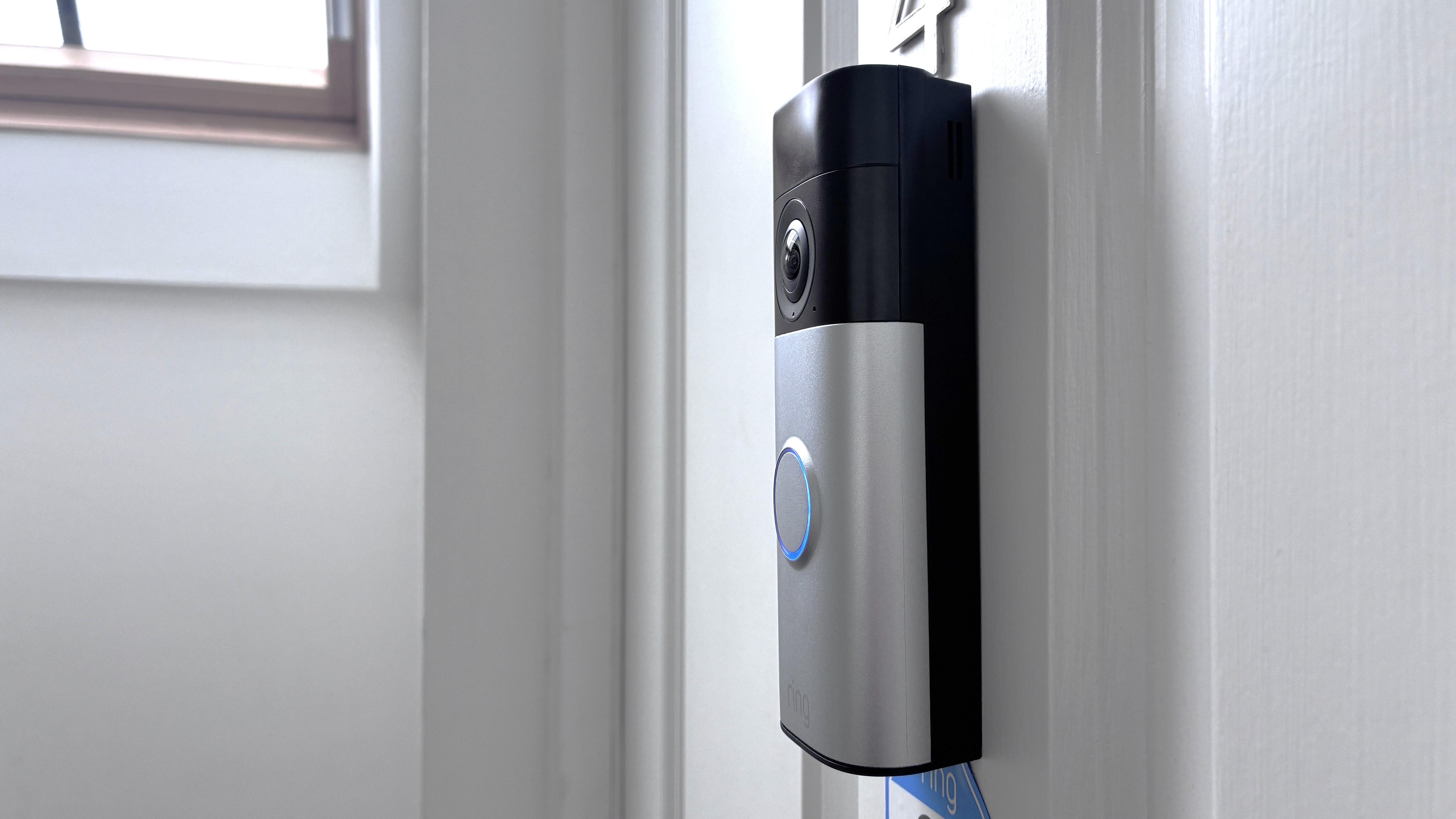 Side view of Ring Battery Video Doorbell Plus (2nd Gen) mounted on front door