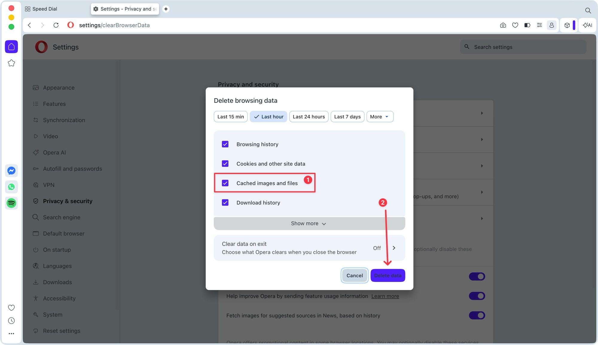 Deleting cache in Opera