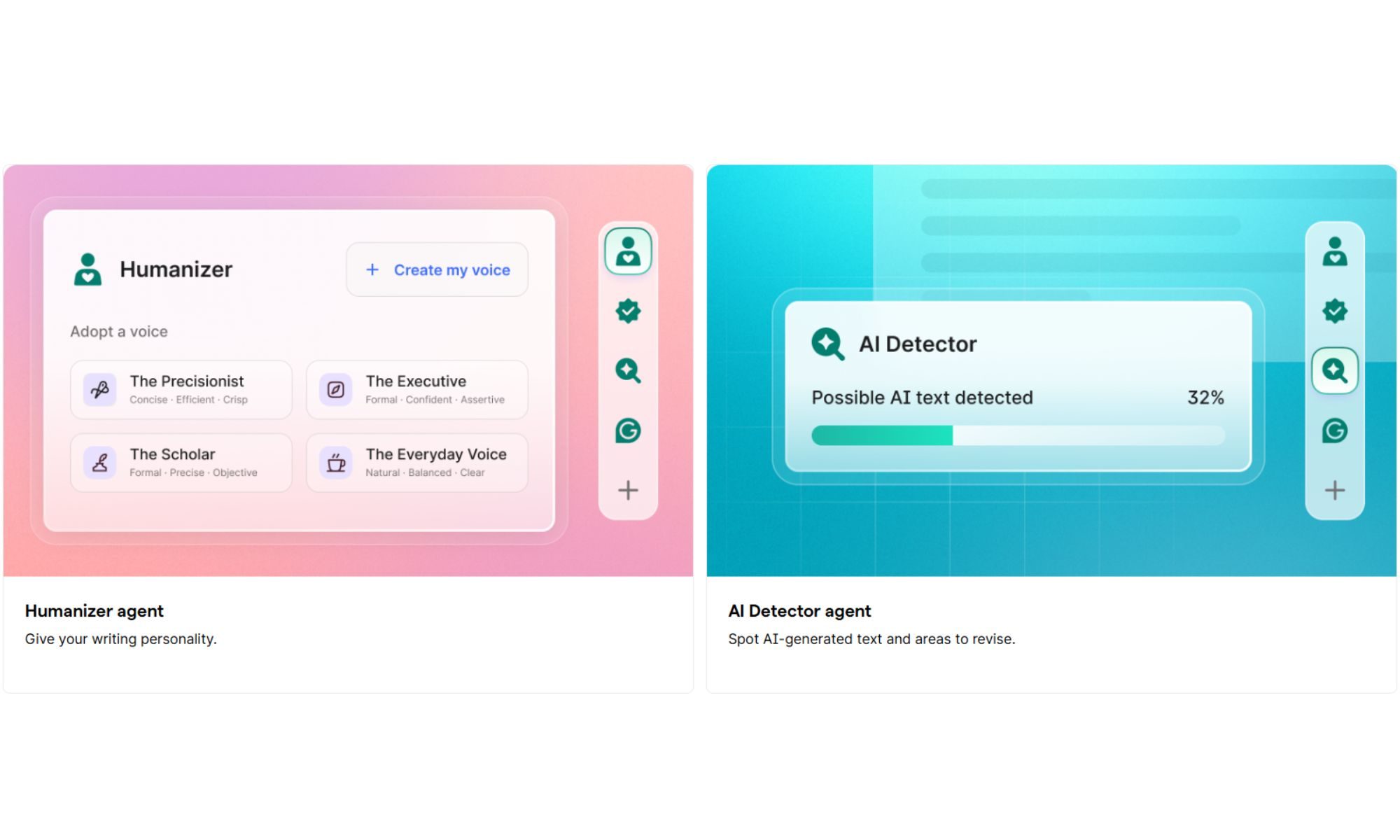 Grammarly advertising Humanizer and AI Detector side by side on its website