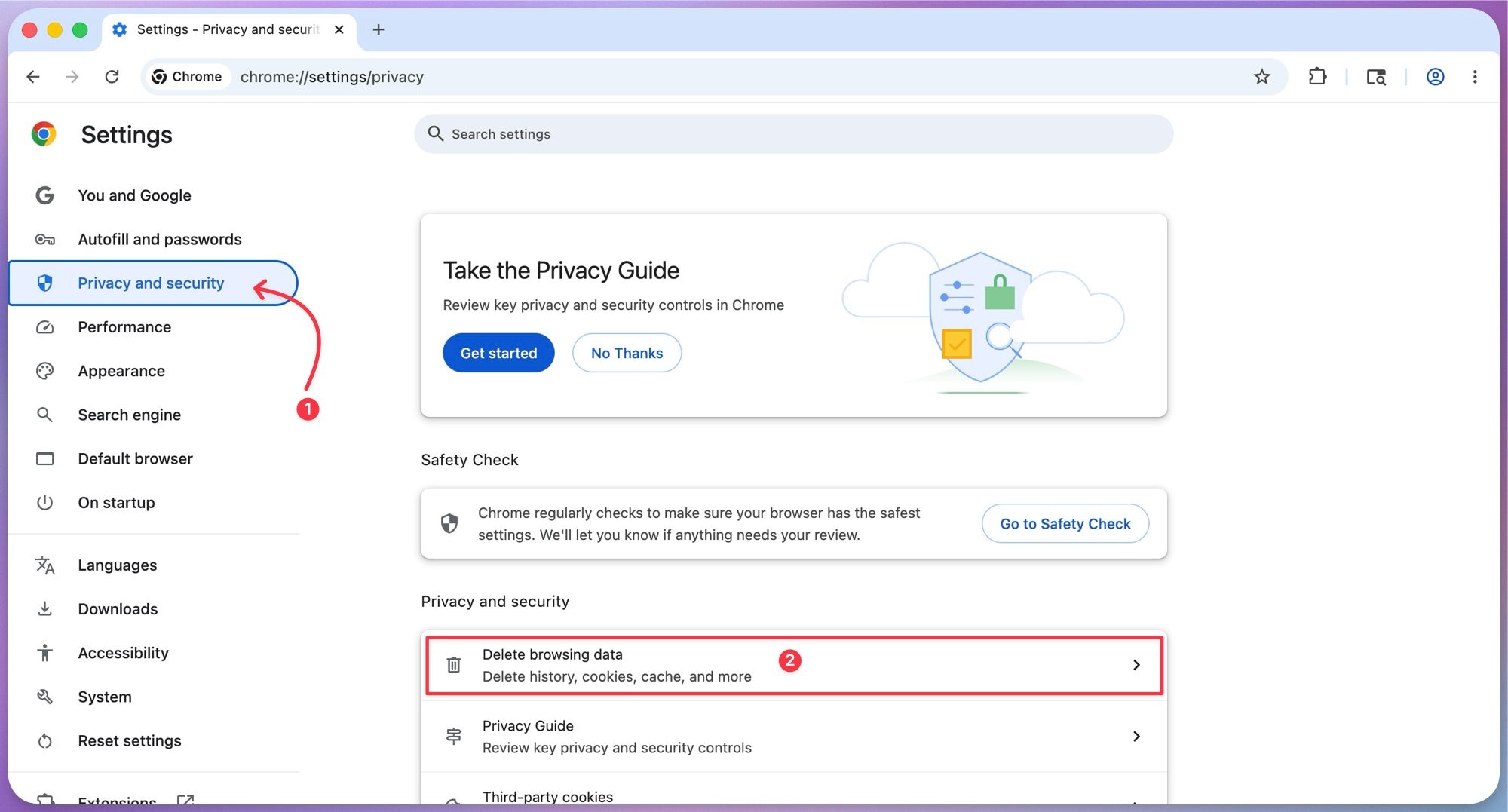 Opening privacy and security settings