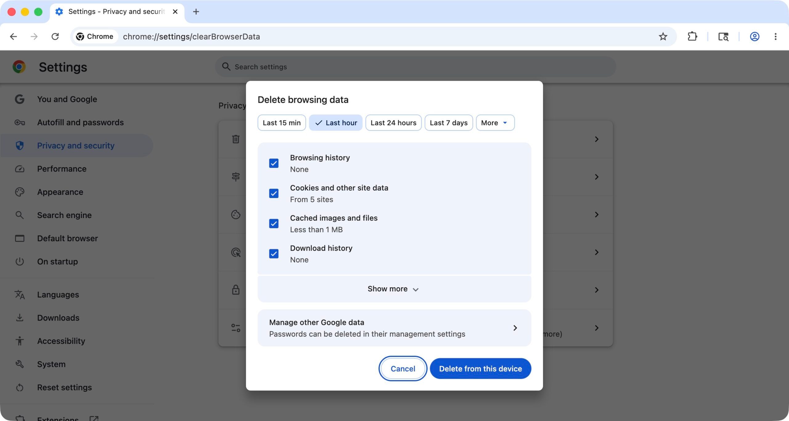 Chrome browser history data delete page