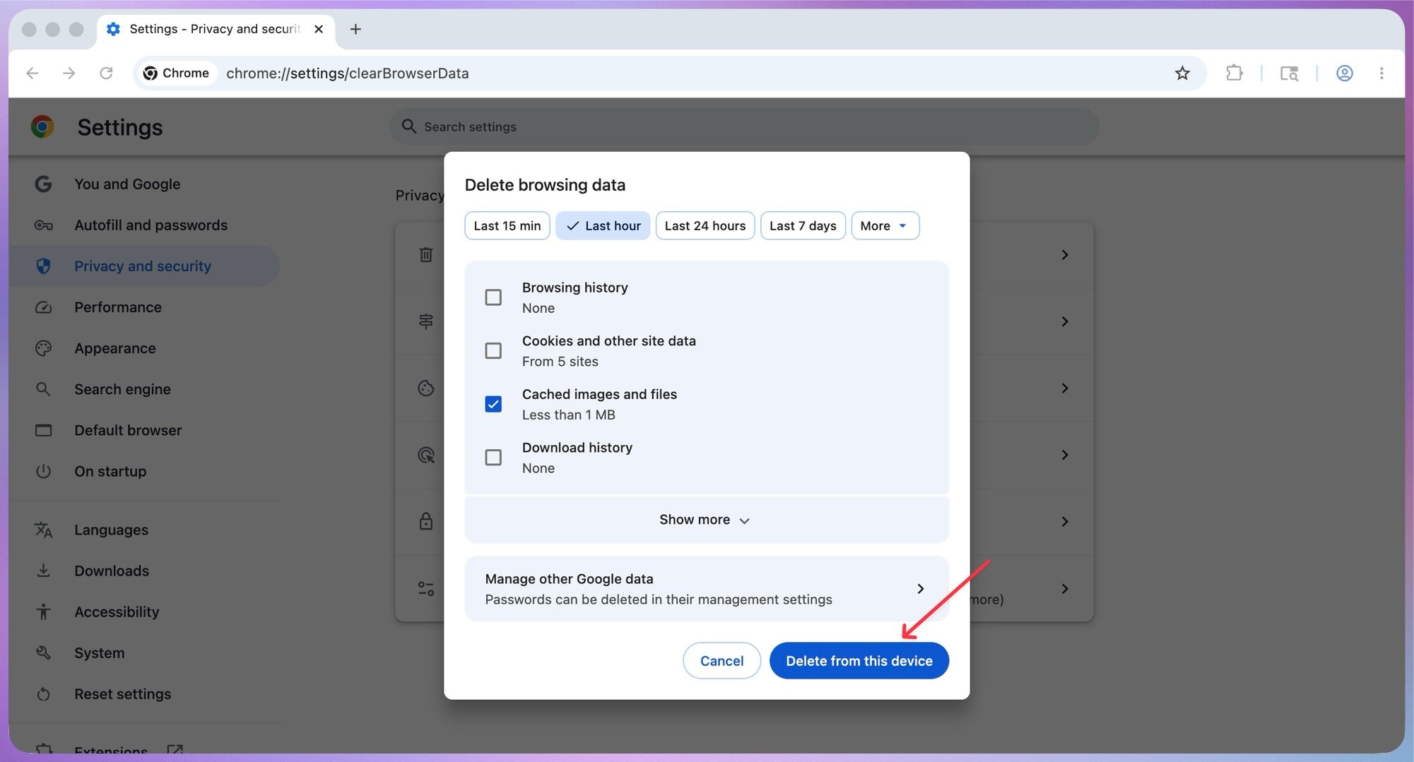 Delete history button in Chrome