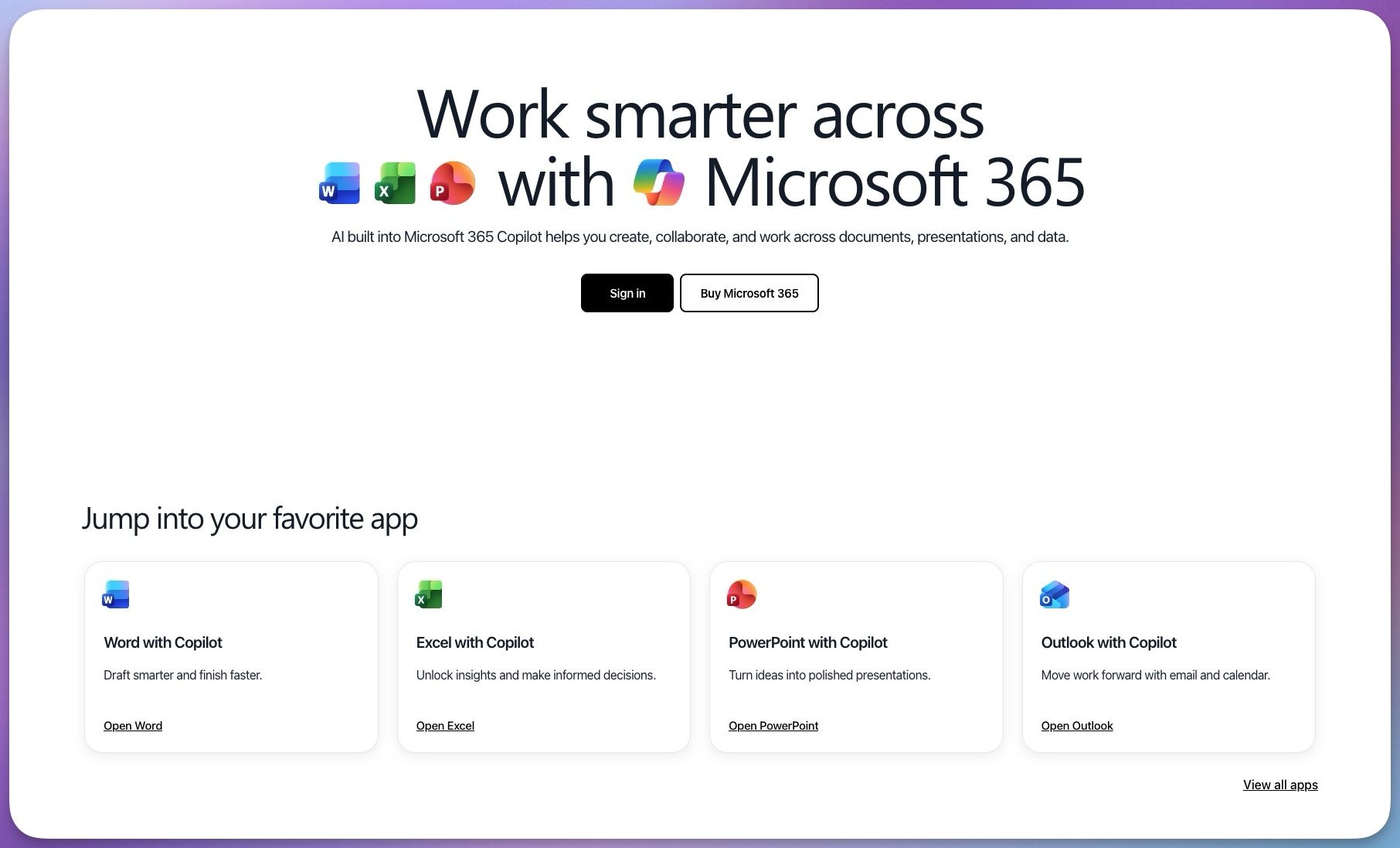 Microsoft Office 365 landing page