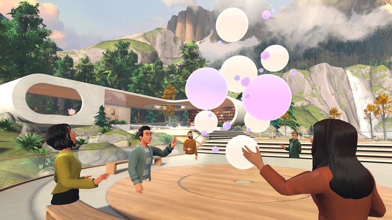 Microsoft Teams 3D immersive space with meeting avatars gathered in a virtual courtyard.