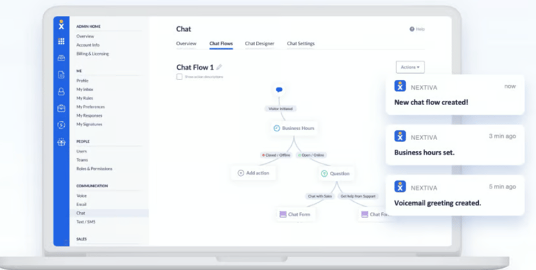 Laptop screen with Nextiva's IVR designer with instructions to set up a chat flow.